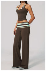 Women's 2 Piece Yoga Set Halter Neck Crop Top Fold Over Waist Wide Legged Flare Trousers Polka Dot Striped Gym Workout Running