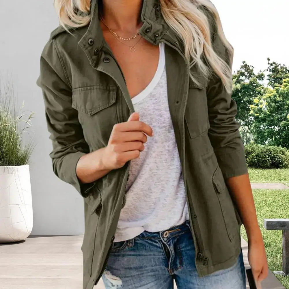 Women Jacket Long Sleeve Lapel Women Jackets Solid Color Coat Outerwear with Multiple Pockets