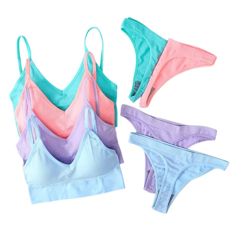 Women Bra And Panties Set U Back Bra Seamless Underwear Sport Cropped Top Low Waist Thongs Sexy Lingerie Set Fitness Crop Top