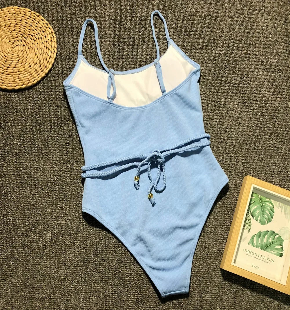 4 Colors Sexy One Piece Swimsuit Swimwear Women Solid Special Fabric Bathing Suit Beachwear with Waistband Maillot De Bain Femme