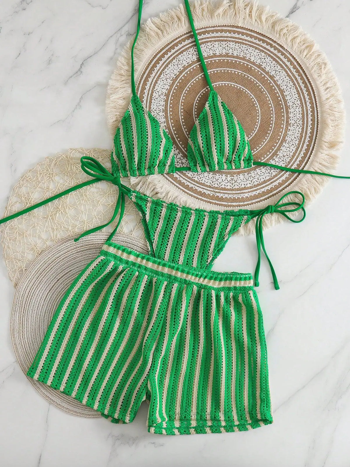 New Retro 3 Pieces Knitted Mesh String Bikini Set Swimsuit Women Blue Striped Swimwear with Shorts Beach Wear Boho Bathing Suit
