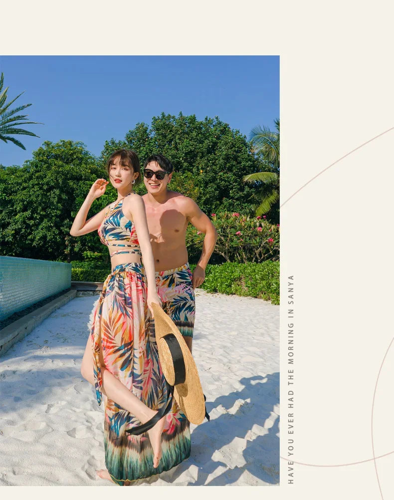 Print High Waist High Neck Swimsuit 3 Pcs Bikini Set Women Men's Swim Shorts Summer Surfing Suit Couples Bathing Suit Holiday