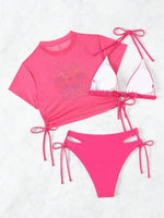 2026 Black Crop Top Swimwear Women Summer Sexy Beachwear Mesh Short Sleeve Cover Ups Top Three Piece Swimsuit Lace Up Bikini Set