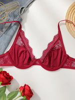 Red High-Quality Lace Bra Sexy Steel Ring Lifted Semi-Transparent Women's Underwear Lingerie for Enhanced Femininity