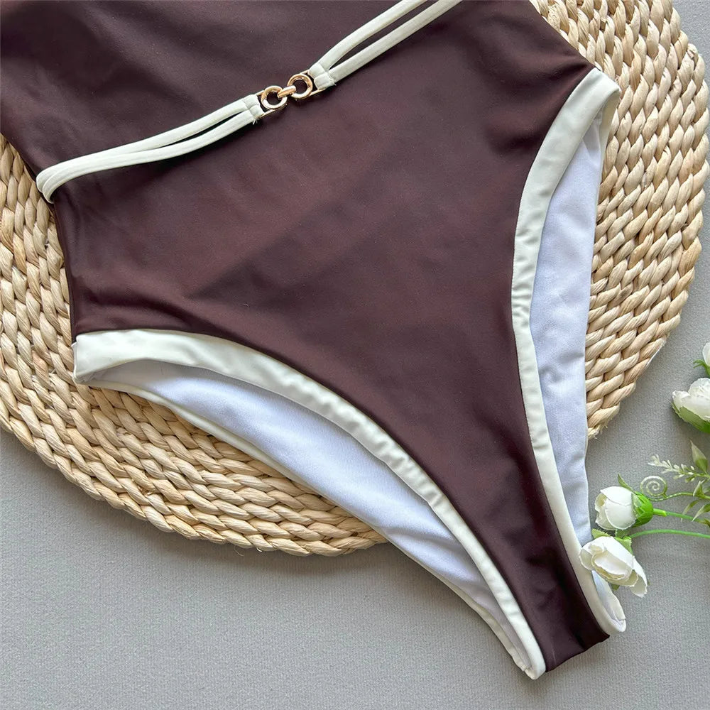 Brown Strapless Sexy Swimsuit Women One Piece Swimwear 2026 White Edge Metal Ring Belt High Cut Bathing Swimming Suit Monokini