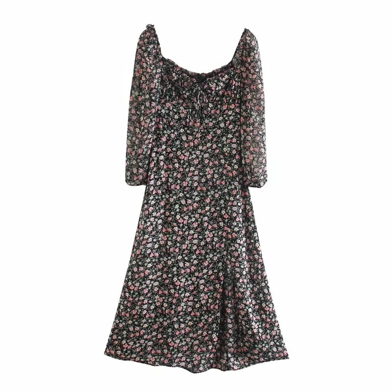 Vintage Floral Print Bohemian Long Dress Women Summer Spring Lantern Sleeve Chiffon Boho Beach Slit Dress Casual Dress Autumn