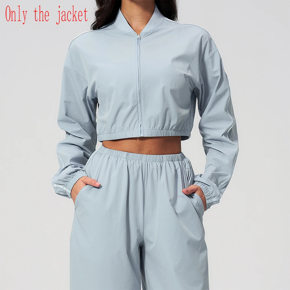 Women Loose Short Yoga Jacket Sun Protection Outdoor Fitness Coat Female Casual Long Sleeve Sports Shirts Gym Workout Jacket