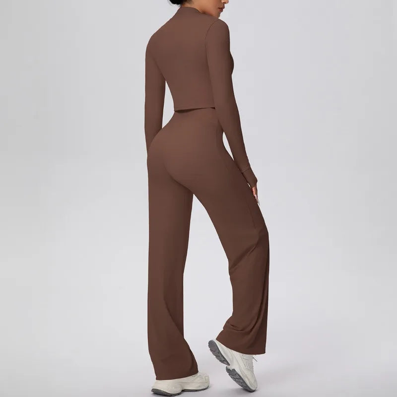2 Pcs Women's Seamless Yoga Set Long-sleeved Wide-leg Pants Tracksuit Fitness Sports Set High-waisted Hip-lifting Slim-fit Suit