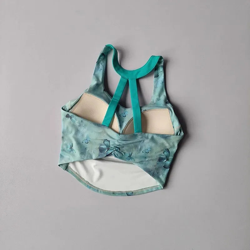 Women's Elegant Printed Yoga Sports Vest Shock Resistant Fitness Outerwear Beautiful Back Cross Shaped Design