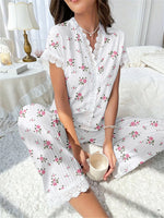New Cute Ribbed Knit Pajama Set Womens Cherry Print V Neck Short Sleeve Top and Pants Two Piece Sleepwear Lace Trim Homewear Set