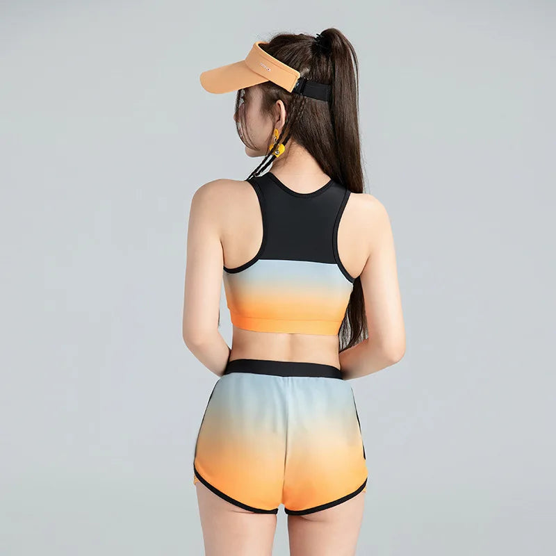 Long Sleeve Rash Guard Women Colorblock Two Piece Swimsuit Crop Top Swimwear High Neck Bathing Suits Zipper Surfing Suits Shorts