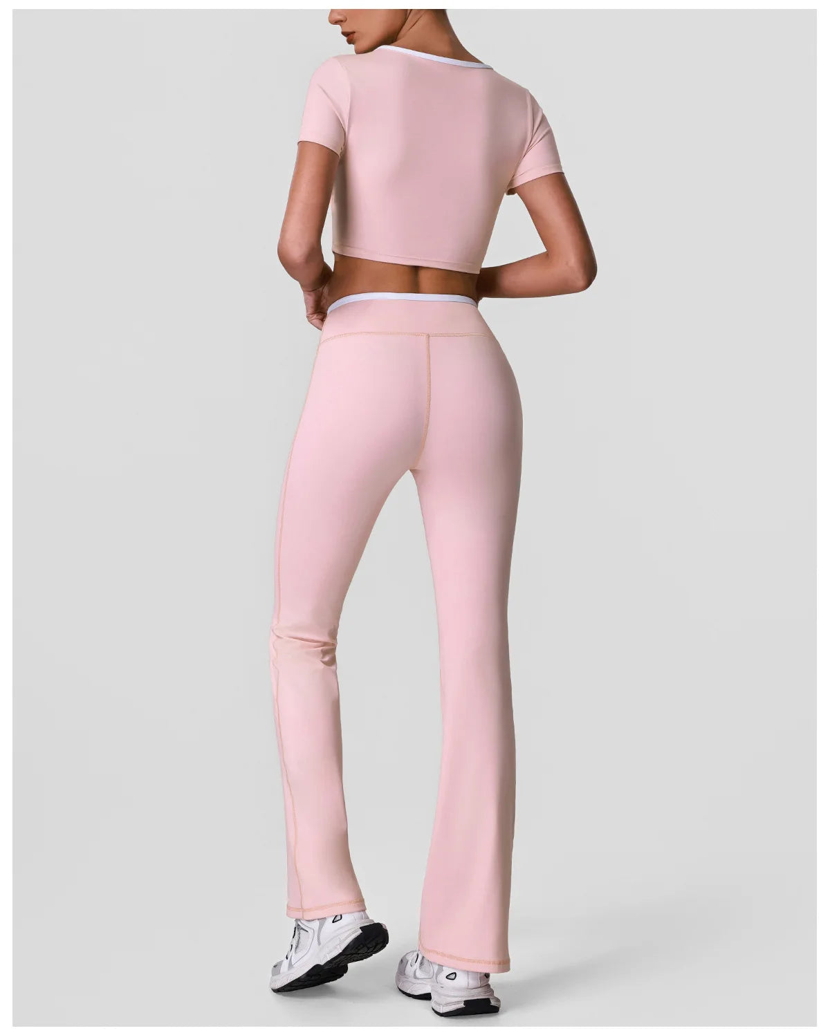 Summer Quick Drying Yoga Sets Women Black Patchwork Short Sleeve Cross Neck Sports Top High Waist Flared Pants Fitness Suits