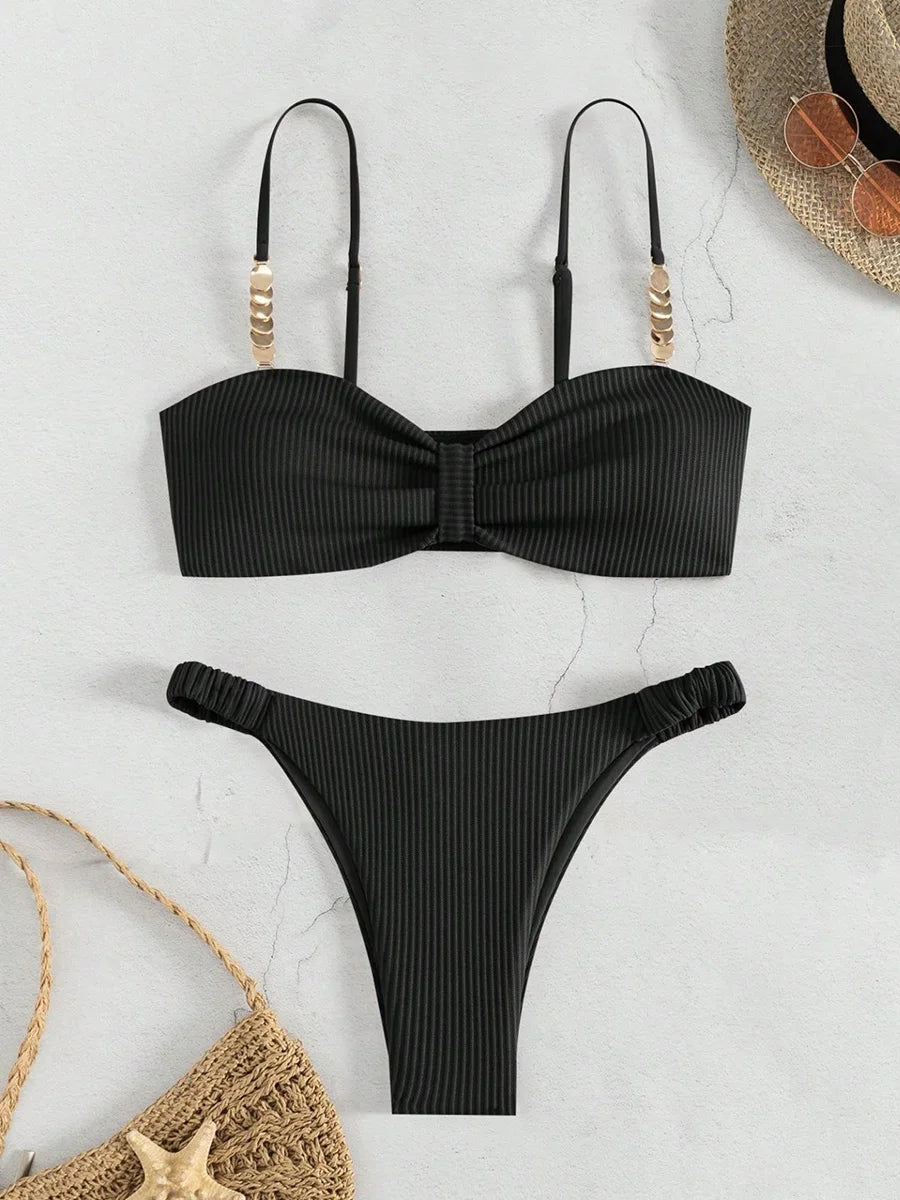 Front Knotted Metal Strap Ribbed Bikini Women Swimwear Female Swimsuit Two Pieces Bikini Set High Cut Bathing Suit Swim Beach