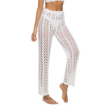 S - XL Women Crochet Knitted Beach Pants Hollow Out Elastic Straight Casual Trouser Holiday Beach Wide Leg Bikini Cover Up V2651