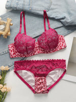 Women's sexy pink leopard print lace bra thin, breathable with steel rims push up bra daily close fitting underwear set A3131