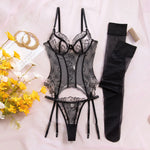 Toucheart Erotic Lingerie Embroidered Floral See-through Sexy Body-shaping Women Intimate Hot Split Underwear Set with Stockings