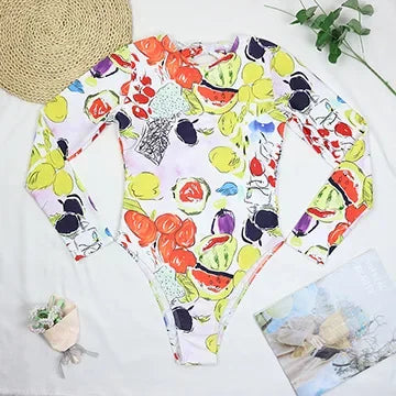 2026 Sexy One Piece Swimsuit Swimwear Women Long Sleeve Backless Vegetables Fruits Print Sports Surfing Bathing Suit Beachwear