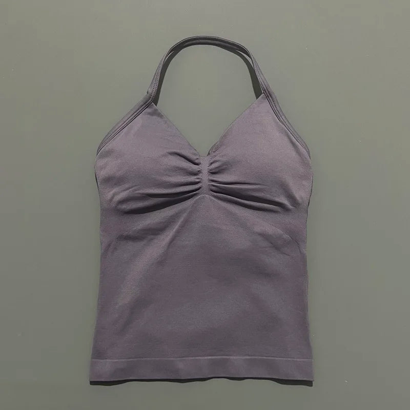 HISTELLO GYM Longline Strappy Top Women Seamless Yoga Clothing With Removable Pads V Neck Open Back Bra Workout Sports Halter