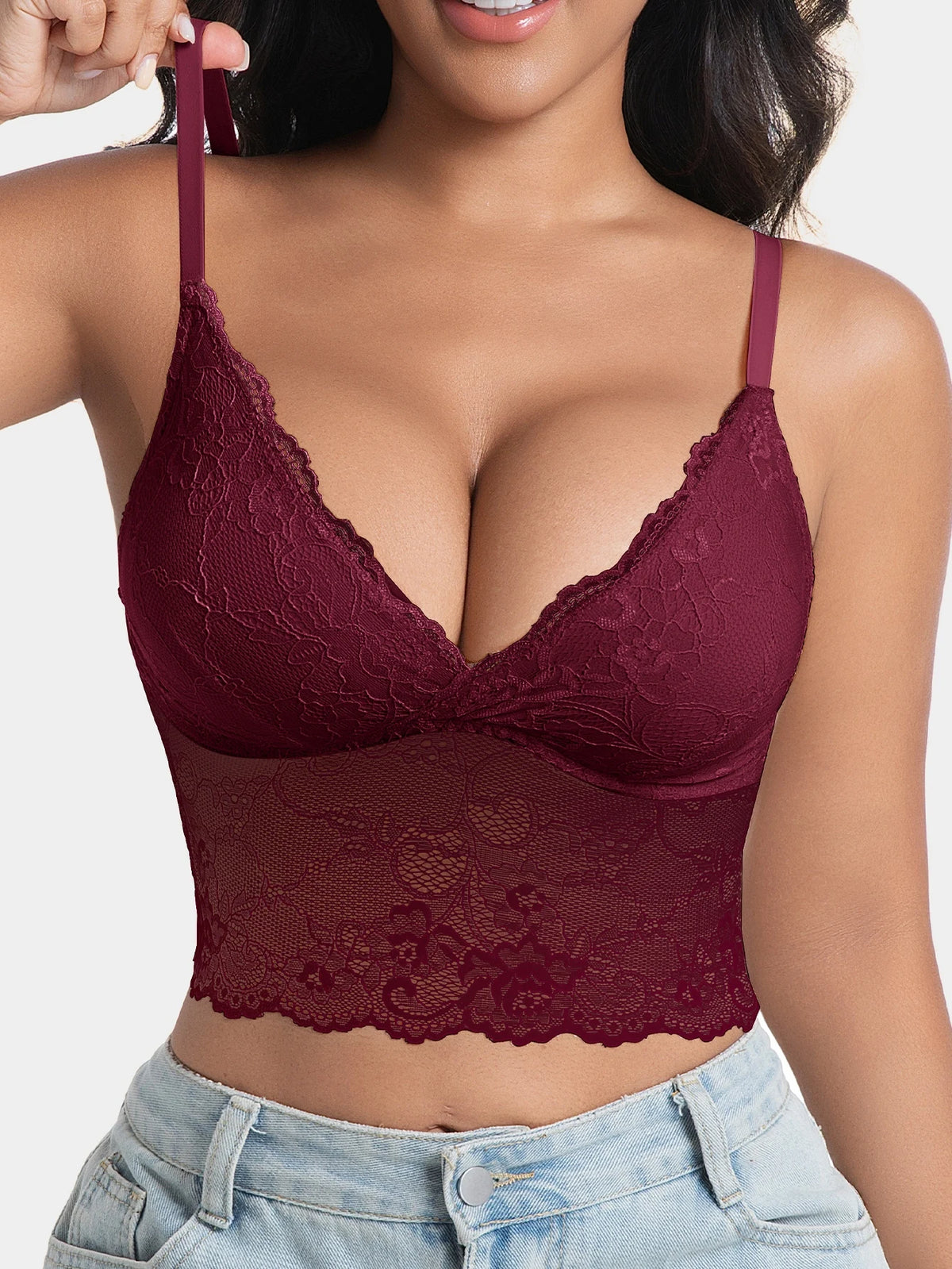 Women's Sexy V-Neck Lace Pattern Splicing Camisole Lightweight Wireless Unpadded Adjustable Straps Soft Lace Hollow-Out Back