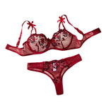 Red Unlined Transparent Embroidery Floral Sleepwear Lace Costumes Ladies Babydoll Bra And Briefs Set No-pad For Dating Gift