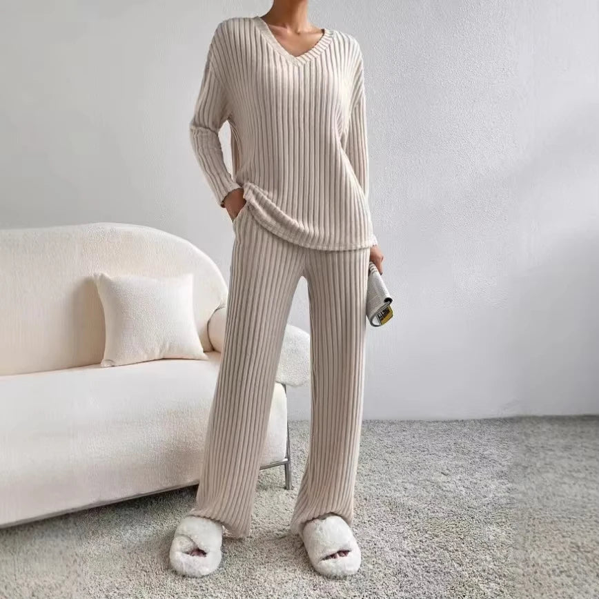 New autumn and winter women's sleepwear fashionable home wear casual straight leg pants loose V-neck knitted sweater best-seller