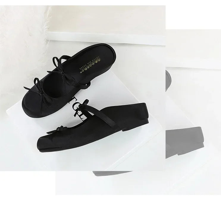 BIGTREE Satin Bow With One Strap With Shallow Mouth Half-Tugging Women's Hollow Inner Heightened Round-Head Sandals Comfortable