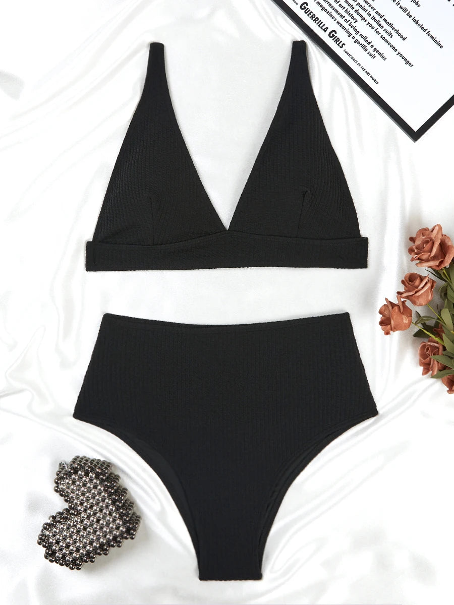 2026 Triangle High Waist Bikini Solid Strappy Swimwear Female Sexy Swimsuit Women Bathers Bathing Swimming Swim Suit Beachwear