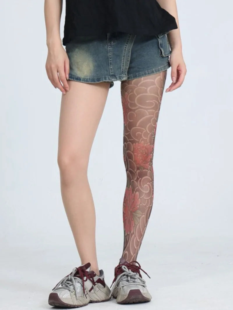 Peony Flower Leg Tattoo Stockings Summer Thin Pantyhose Long Socks With Patterns On One Side And Solid Color On The Other NTNG