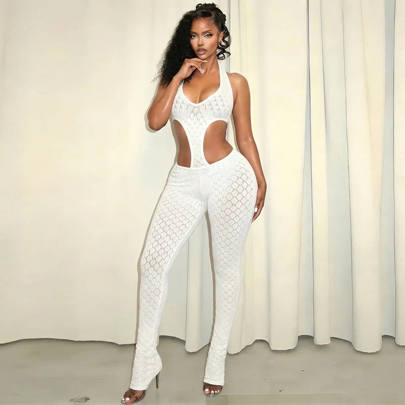 Sexy hot girl solid color see-through slim fit knitted deep V jumpsuit
