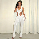 Sexy hot girl solid color see-through slim fit knitted deep V jumpsuit