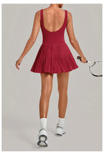 Naked Fake Two Piece Tennis Dresses with Pocket Bottom Women Back Hollow Out Pleate Skirts Outwear Square Collar Golf Yoga Dress