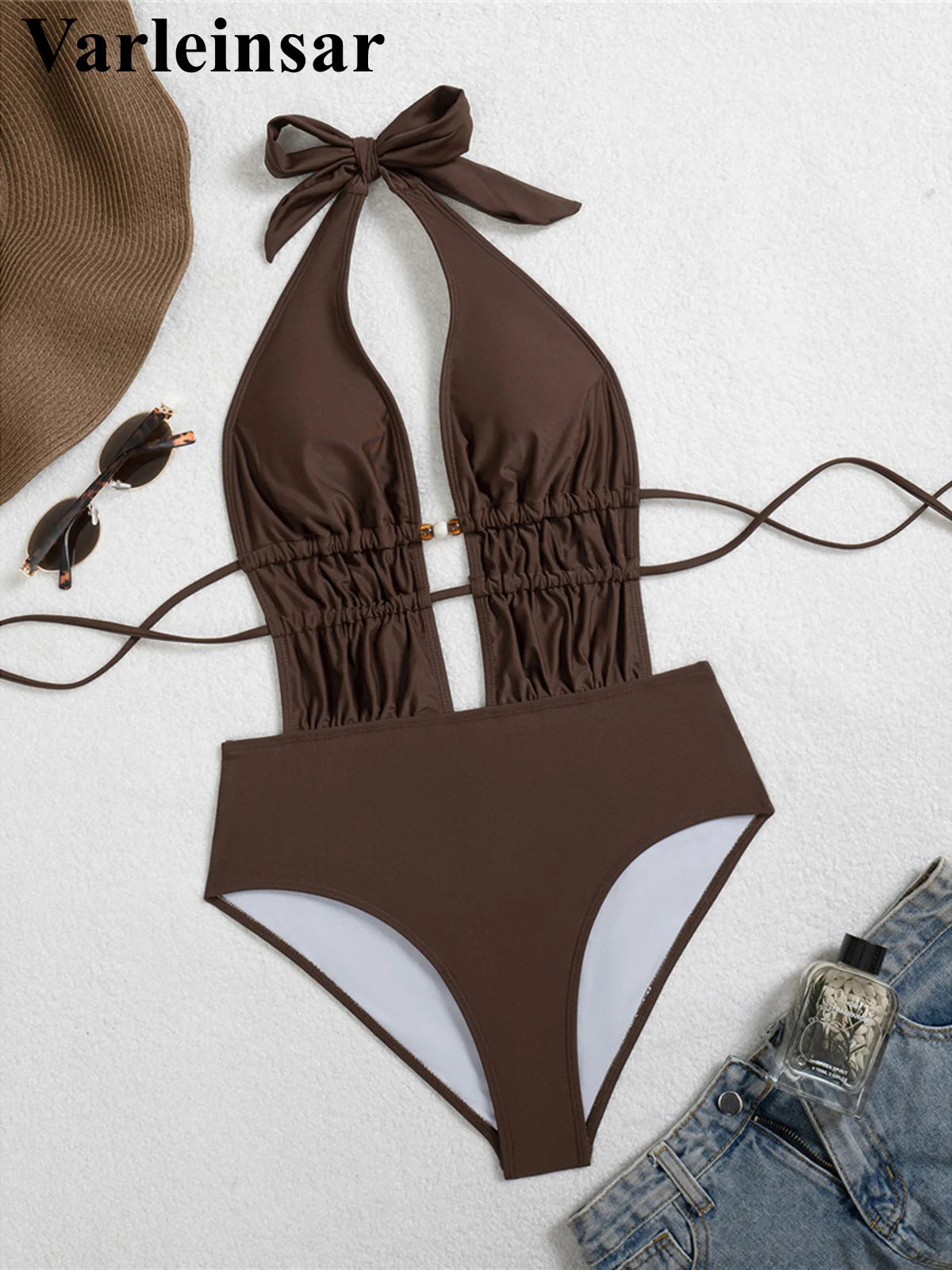 S - XL Deep V Neck Halter Wrinkled Women Swimwear One Piece Swimsuit Female Backless High Leg Cut Bather Bathing Suit Swim V7831