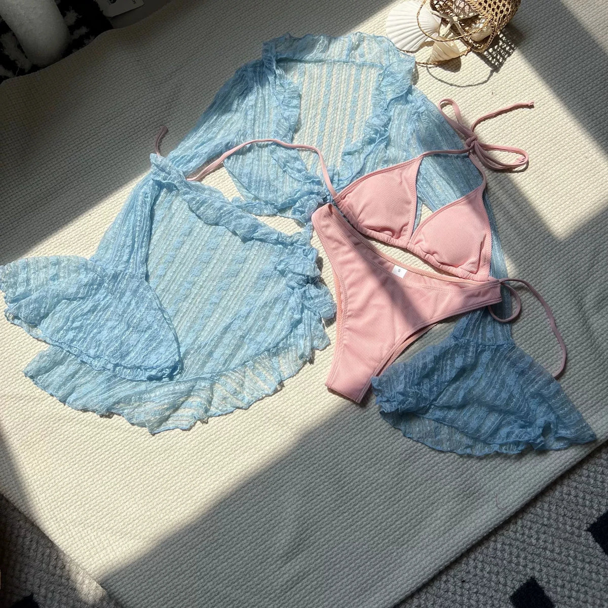 DEKA 4Pcs/Set Mesh Sheath Bikini Set Female Mini Camis Briefs Short Skirt Swimwear Fashion Drawstring Long Sleeve Boho Swimsuit