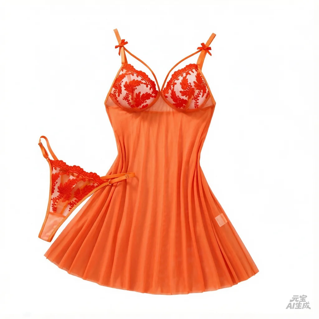 Orange Floral Lace Sheer Mesh Babydoll Lingerie Set Slip Nightdress With Matching Thong Women Sexy Sleepwear ZA825066