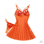 Orange Floral Lace Sheer Mesh Babydoll Lingerie Set Slip Nightdress With Matching Thong Women Sexy Sleepwear ZA825066