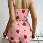 New Strawberry Print Sleepwear Set Women's Ribbed Pajamas with Hearts & Bow Soft Comfy Lounge Set with Shorts Cute Summer