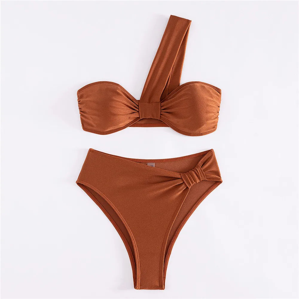 Brown One Shoulder Bikini High Waist Sexy Swimsuit Women 2026 Solid Swimwears Bathing Suit Bandeau Bikinis Sets De Mujer Biquini