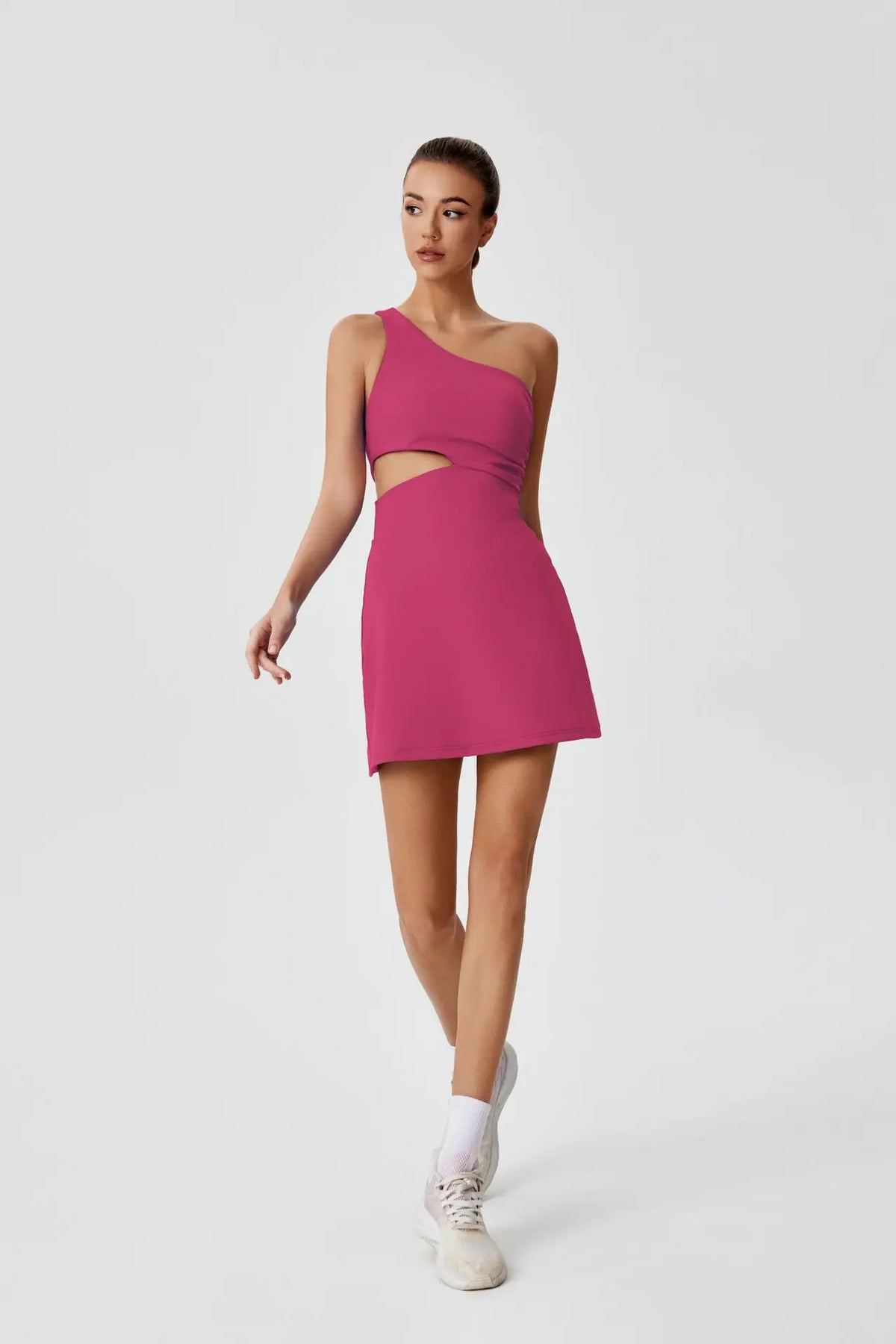 Sexy Hollow Waist Tennis Dress Women One Shoulder Pleate Sleeveless Built in Bra with Inner Separate Shorts Yoga Golf Dresses