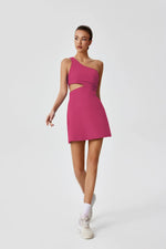 Sexy Hollow Waist Tennis Dress Women One Shoulder Pleate Sleeveless Built in Bra with Inner Separate Shorts Yoga Golf Dresses
