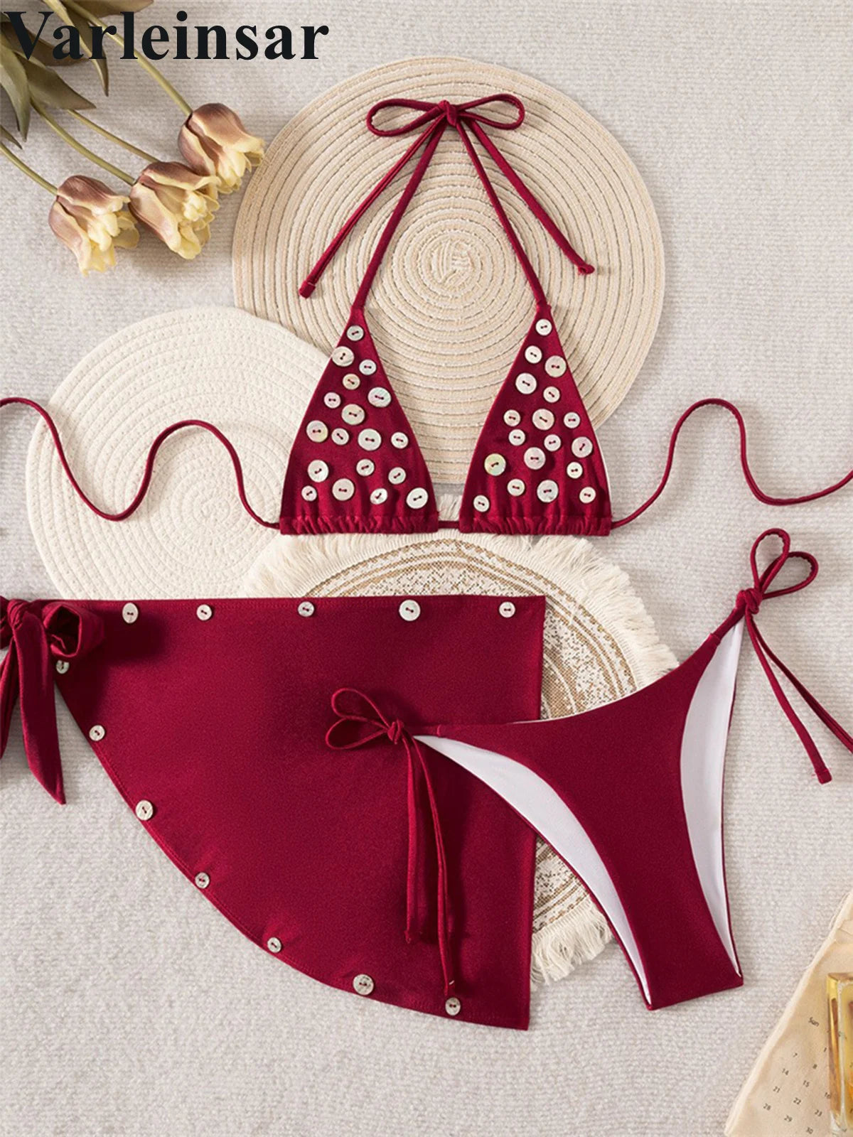 With Sarong Buttons Halter Bikini Female Swimsuit Women Swimwear Three-Pieces Bikini Set Padded Bather Bathing Suit Swim V8307