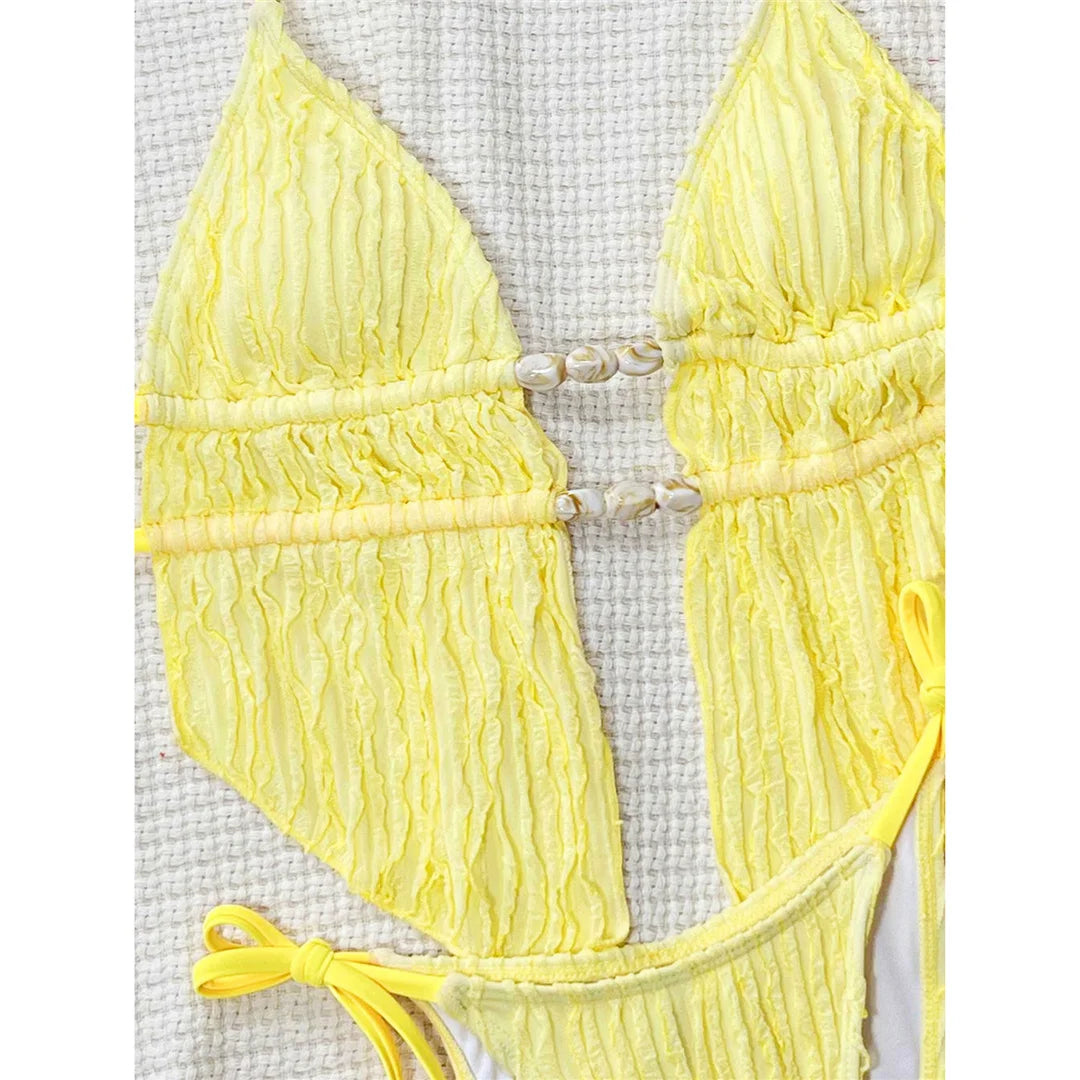 Wrinkled Tankini Halter Bikini Women Swimwear Female Swimsuit Two-Pieces Bikini Set High Cut Leg Bather Bathing Suit Swim V7154