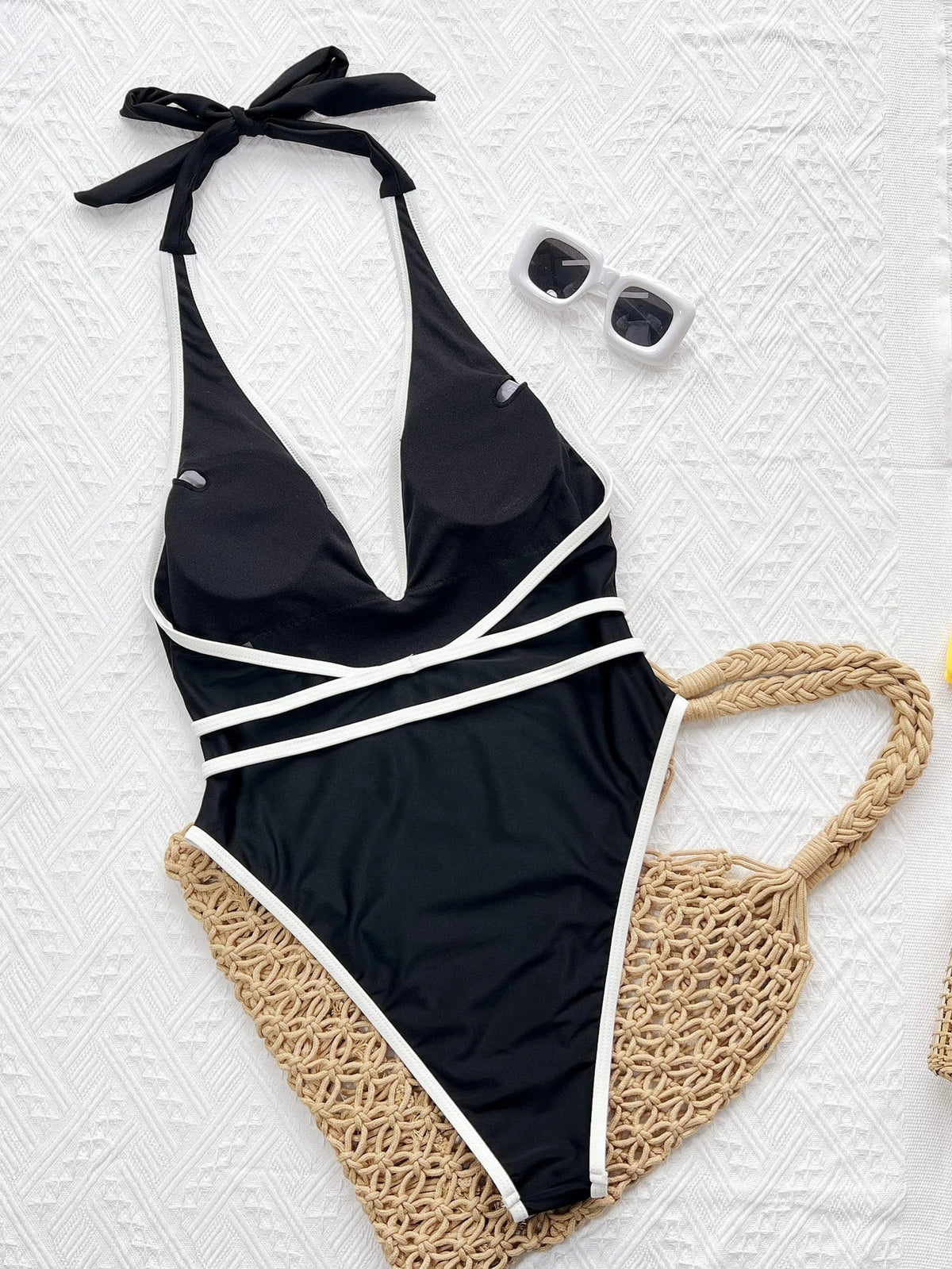 DEAK Sexy Deep V Pearl Neck One Piece Swimsuit Women Black Contrast Push Up Backless Slim Tummy Control Swimwear Beach Pool Bath