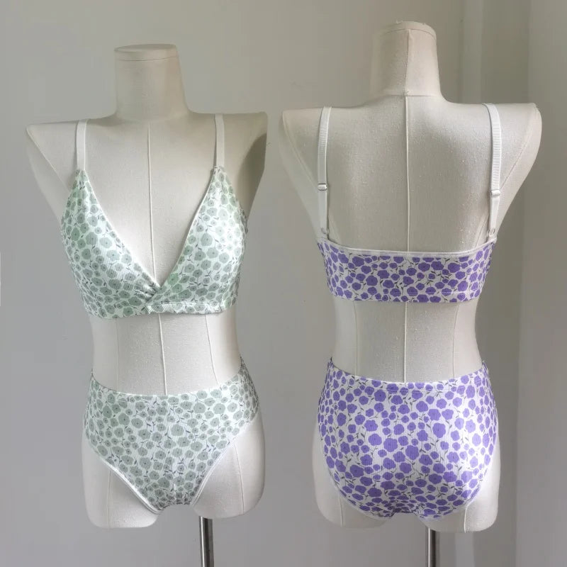 Women Floral Print Seamless Bra And Panties Set Low Waist Briefs Sexy Lingerie Set V-neck Sport Brassiere Female Underwear Set