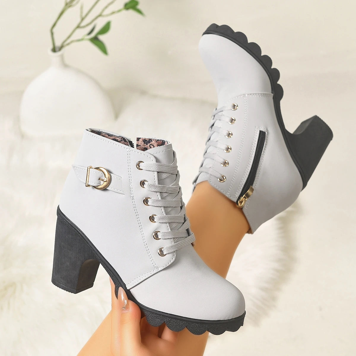 Women Lace‑Up Ankle Boots Metal Buckle Decor Side Zipper Chunky Block Heel Lug Sole Combat Short Booties Fall Winter Large Size