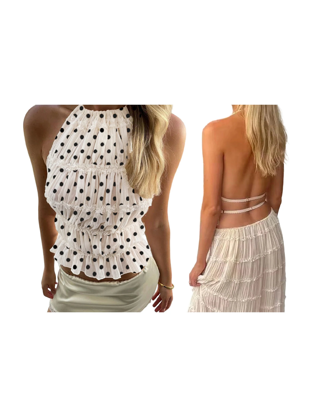 Women's Fashion Slim Fit Halter Tops Spring Summer Stylish Dot Print Ruffled Trim Backless Sleeveless Vest