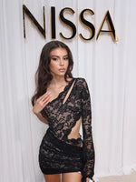 Ahagaga Sexy Sheer Women's Mini Dresses Lace Solid Sheath Long Sleeves One Shoulder Ribbon Sheath Slim Fit Streetwear Vestidos