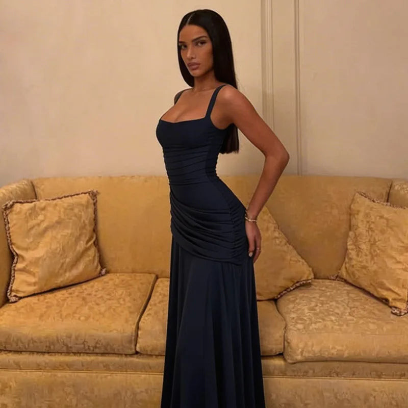 FDYOUI Fashion Sleeveless High Waist Tunics Long Maxi Dress Party Gowns Women Chic Backless Lace-up Folds Slim Evening Dresses