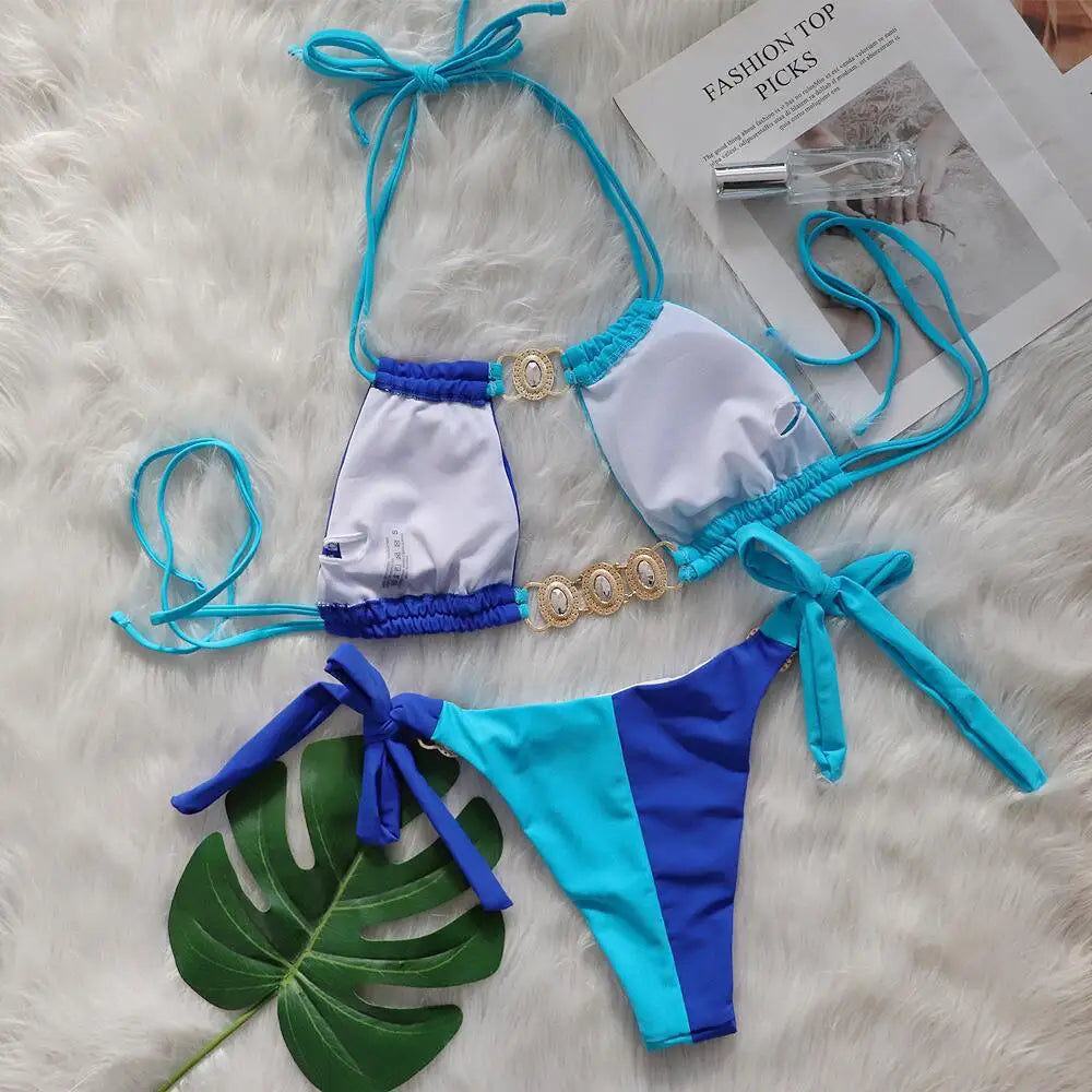 DEKA Neck Rhinestones Bikini Set Patchwork Swimsuit Women's Diamond Swimwear Push Up Female Beach Swimming Wear Bathing Suits