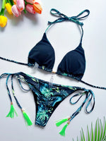 Sexy print women's bikini swimsuit split set with straps and tassels 2-piece set for summer beach swimsuit