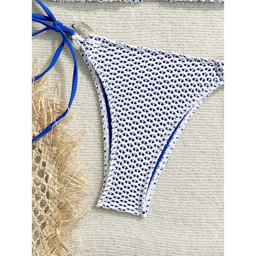 Wrinkled Halter Two-Pieces Bikini Set Bikini Female Swimsuit Women Swimwear Strappy High Cut Leg Bathing Suit Bather Swim V7043